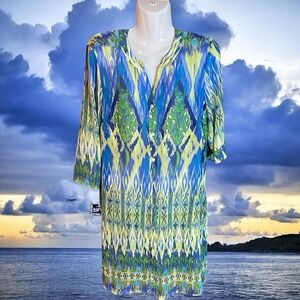 Chicos Top Womens Sz2 L Sheer Blue Green Fairy Watercolor Blouse Cruise Cover Up